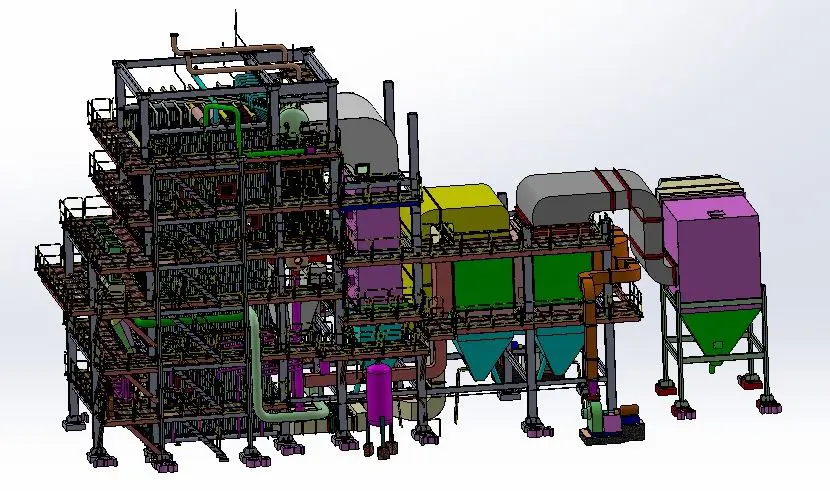 Highly detailed 3D digital engineering model of a modular mechanical equipment skid with complex vessel arrangements and steel framing
