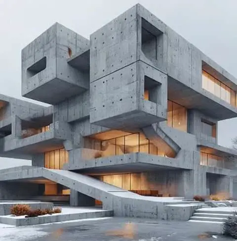 Modern modular brutalist concrete building rendering showcasing structural architecture and geometric 3D design
