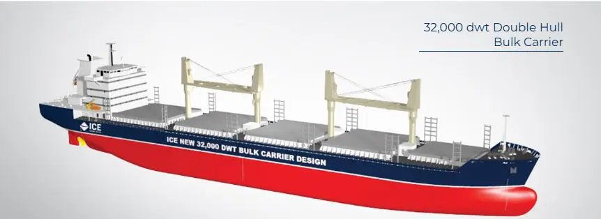 3D CAD model rendering of a red and blue 32,000 DWT bulk carrier vessel showing deck cargo cranes and hatch covers