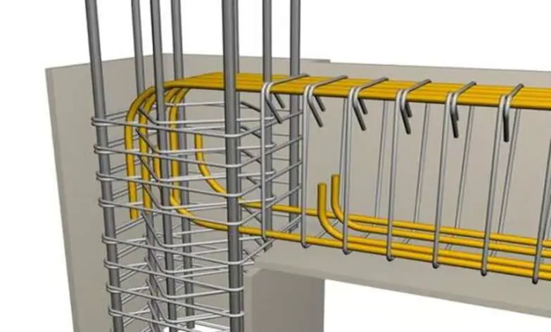 3D structural model showcasing precision rebar detailing at a concrete beam column joint with yellow longitudinal reinforcement bars and silver stirrup ties