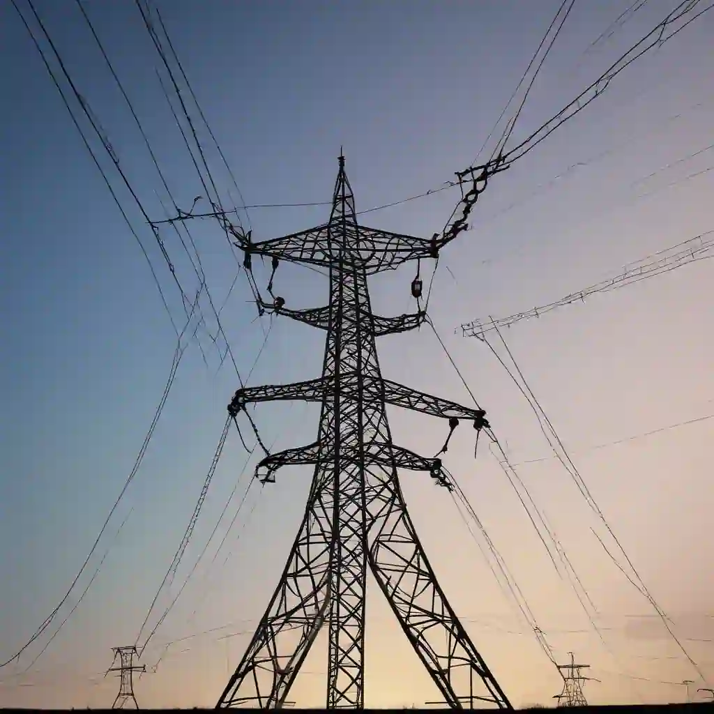 Silhouette of an electrical steel lattice transmission tower showing complex overhead wire connections at sunset