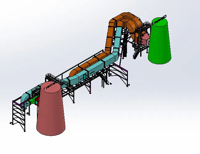 3D CAD design of an exhaust ductwork routing configuration with structural steel support trestles built around a brown storage silo