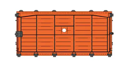 Top-down flat engineering view of a fabricated orange rectangular marine steel bulkhead panel showing reinforcement layout