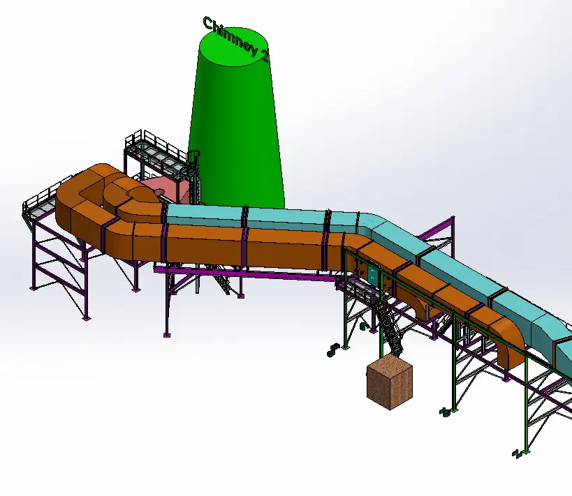 Structural analysis 3D layout of heavy industrial air routing ducts with integrated support frames connected to a green ventilation stack