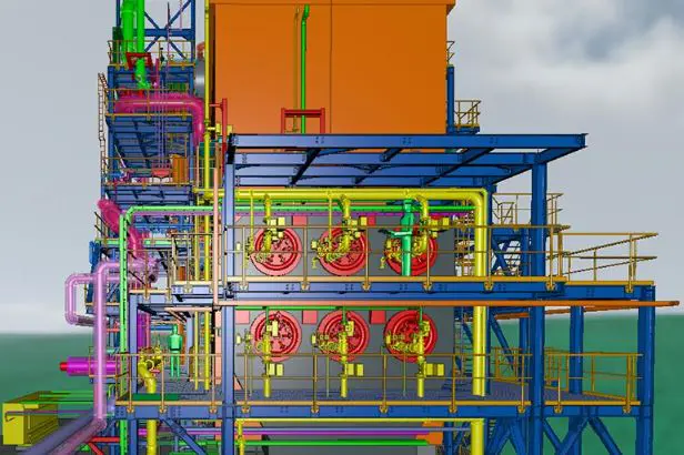 Front elevation view of a federated 3D plant BIM model highlighting coordinated structural steel framing and process engineering equipment