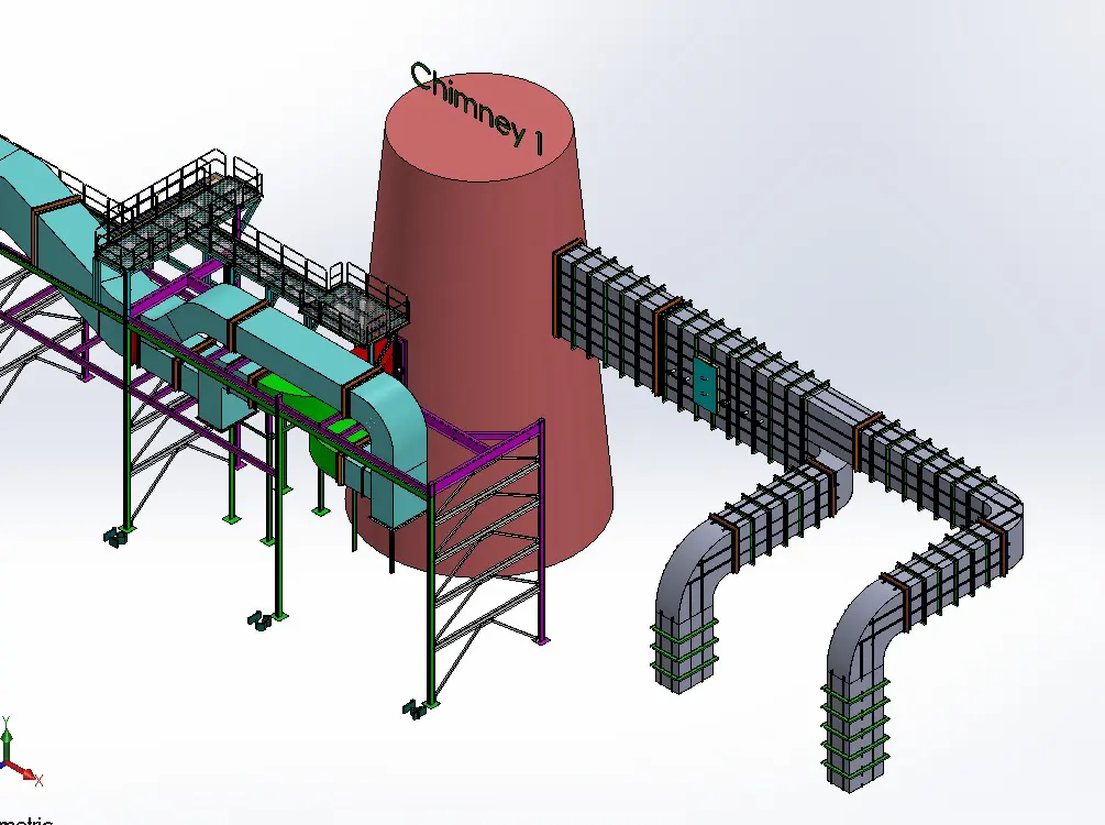 Process plant 3D model detailing a segmented process gas ducting system with heavy duty structural columns and anchors next to a brown chimney