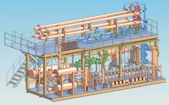 Detailed 3D structural CAD model of an industrial process skid system featuring heat exchangers, interconnected pipelines, and access stairways