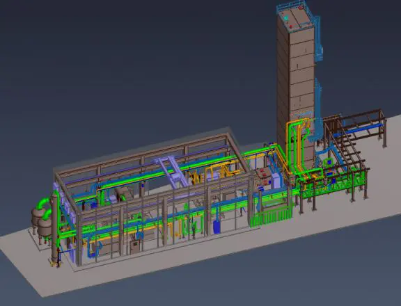 3D engineering layout model of an industrial pump house structure integrated with an external exhaust chimney and color-coded chemical processing lines
