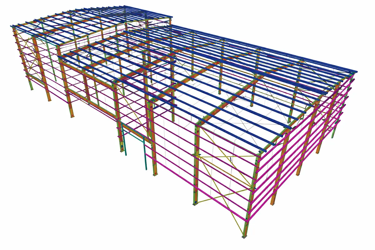 Advanced 3D Tekla detailing model of a complex industrial steel frame structure showing colorful columns, beams, and bracing systems