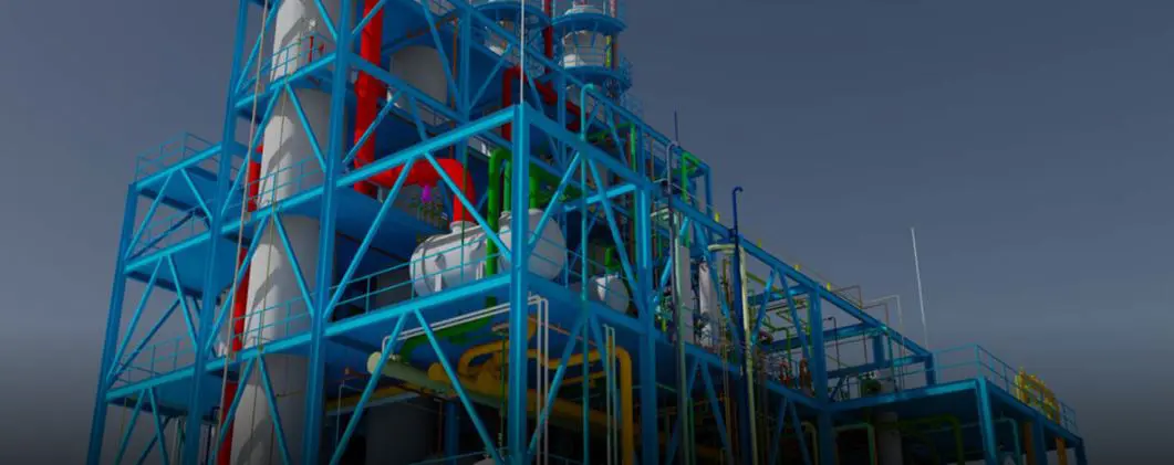 Close-up 3D structural model detailing a tall blue steel lattice support tower with multi-colored process piping systems