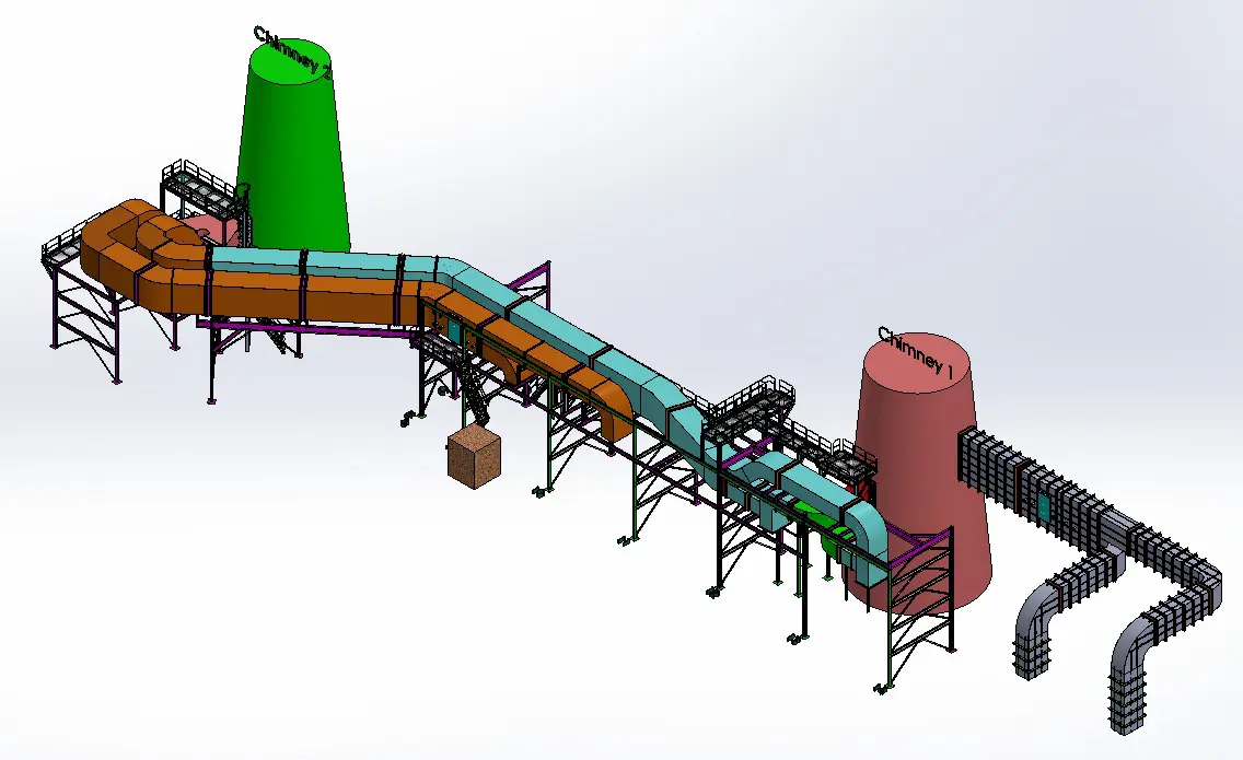 3D plant engineering model showing a long industrial ventilation ducting line supported by structural steel frames running towards a green stack