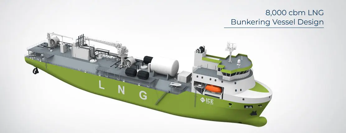 3D naval architecture rendering of a green and white 8,000 DWT LNG bunkering vessel showing deck tanks and bridge bridge structure