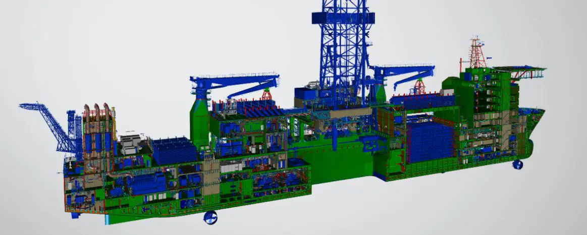 Detailed internal cross-section 3D model of a ship hull highlighting bulkheads, engine rooms, and multi-level framing components