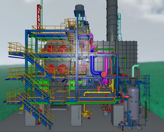 3D Revit MEP model of an industrial process plant showing color-coded mechanical piping, electrical conduits, and structural beams for clash detection