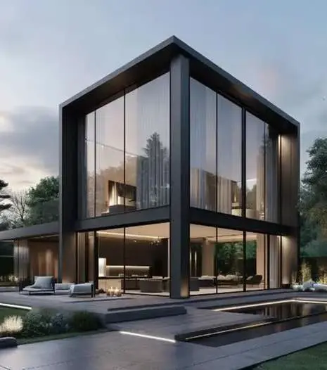 3D architectural rendering of a luxury modern residential villa featuring large glass facade panels and steel framing at dusk