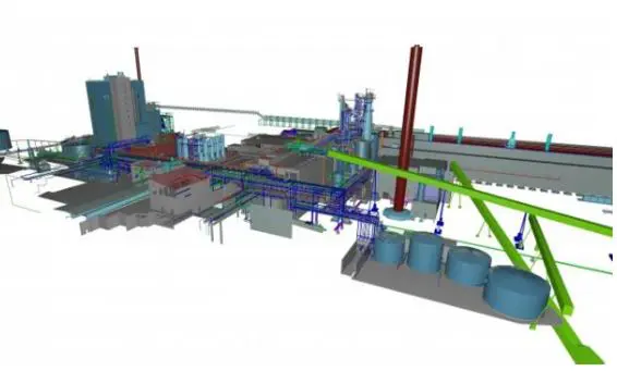 Wide perspective Navisworks 3D model simulation of an entire heavy industrial manufacturing plant infrastructure and silo layout