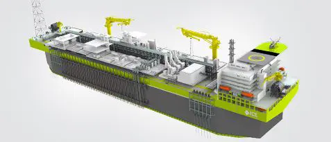 High-angle 3D CAD rendering of a large offshore floating production vessel featuring yellow deck cranes and a helipad