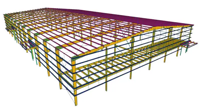 Detailed 3D Tekla Structures CAD model of a pre-engineered building warehouse layout with structural rafters, purlins, and mezzanine levels
