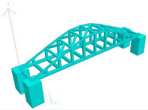 3D structural engineering model of a steel lattice truss railway bridge built on solid cyan concrete pier foundations