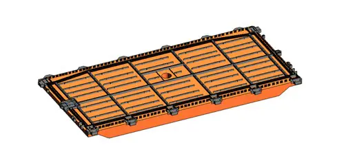 Perspective engineering view of an orange-painted steel grain bulkhead panel section with structural stiffeners for cargo integrity