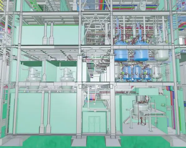 Complex multi-level industrial plant facility 3D model designed in STAad pro featuring structural steel frameworks, piping systems, and storage vessels