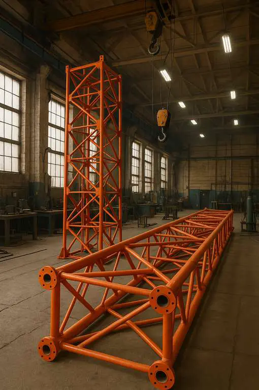 Bright orange fabricated steel lattice telecom tower sections including legs and diagonal bracings inside a heavy industrial manufacturing workshop