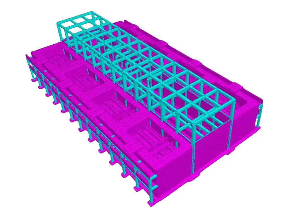 3D structural engineering detailing model of a massive water treatment plant reservoir tank with a purple concrete basin and cyan overhead steel framework